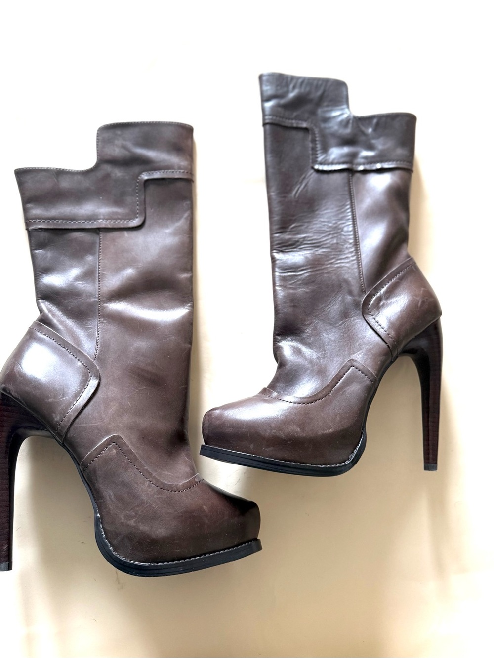 Vintage Y2K Leon Max High-Heel Brown Leather Platform Stiletto Boots